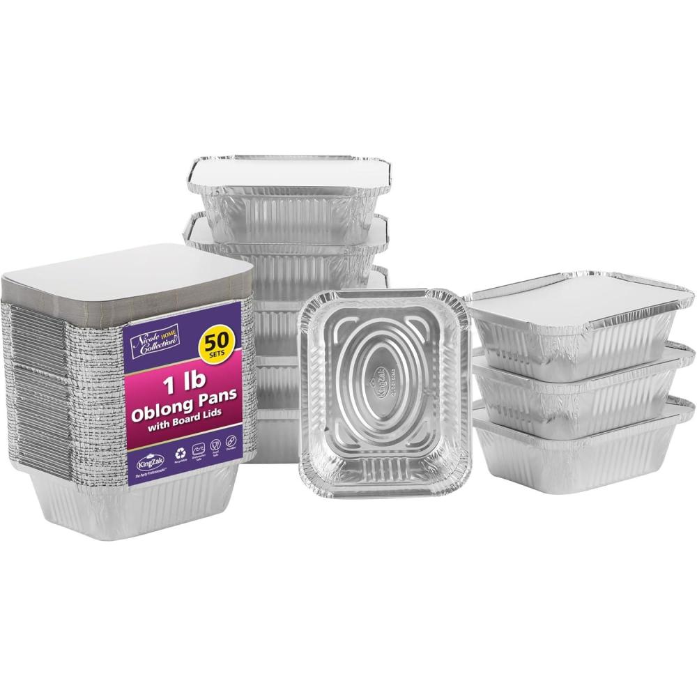 Nicole Home Collection Aluminum Pans With Lids – 50 Count – 1LB Oblong Pans (5″x4″)- To Go Containers With Lids – Disposable Tin Foil Pans – Perfect For Catering, Meal Prep, Baking, Freezer Safe(1LB – 50 Pack – W/ Board Lids)