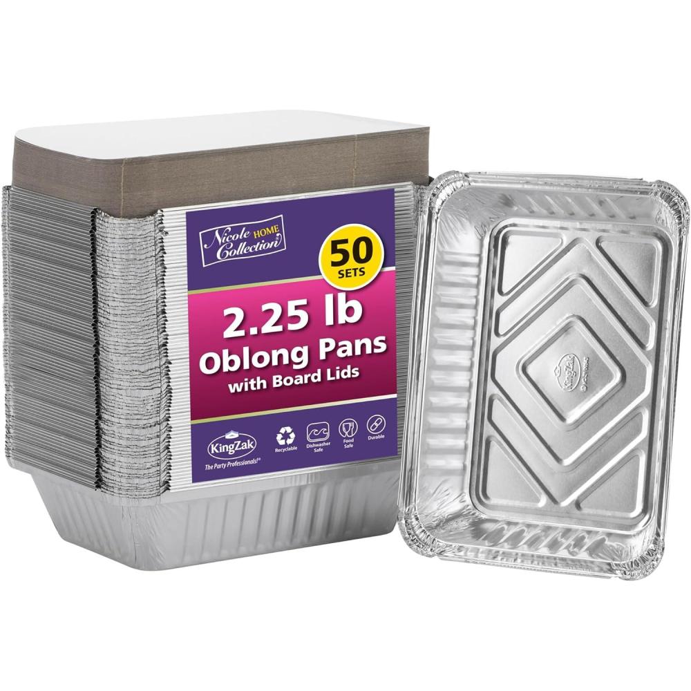 Nicole Home Collection Aluminum Pans With Lids – 50 Count – 1LB Oblong Pans (5″x4″)- To Go Containers With Lids – Disposable Tin Foil Pans – Perfect For Catering, Meal Prep, Baking, Freezer Safe(2.25LB – 50 Pack – W/ Board Lids)