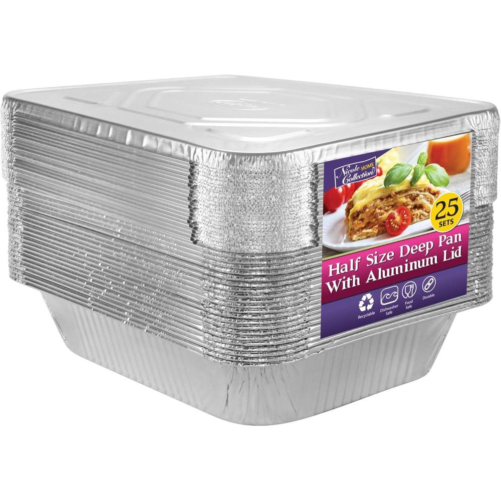 Nicole Home Collection Aluminum Pans With Lids Half Size 9×13 Extra Heavy Duty, Disposable Foil Pans For Baking (25 Sets)(25 Pack – w/ Lids)