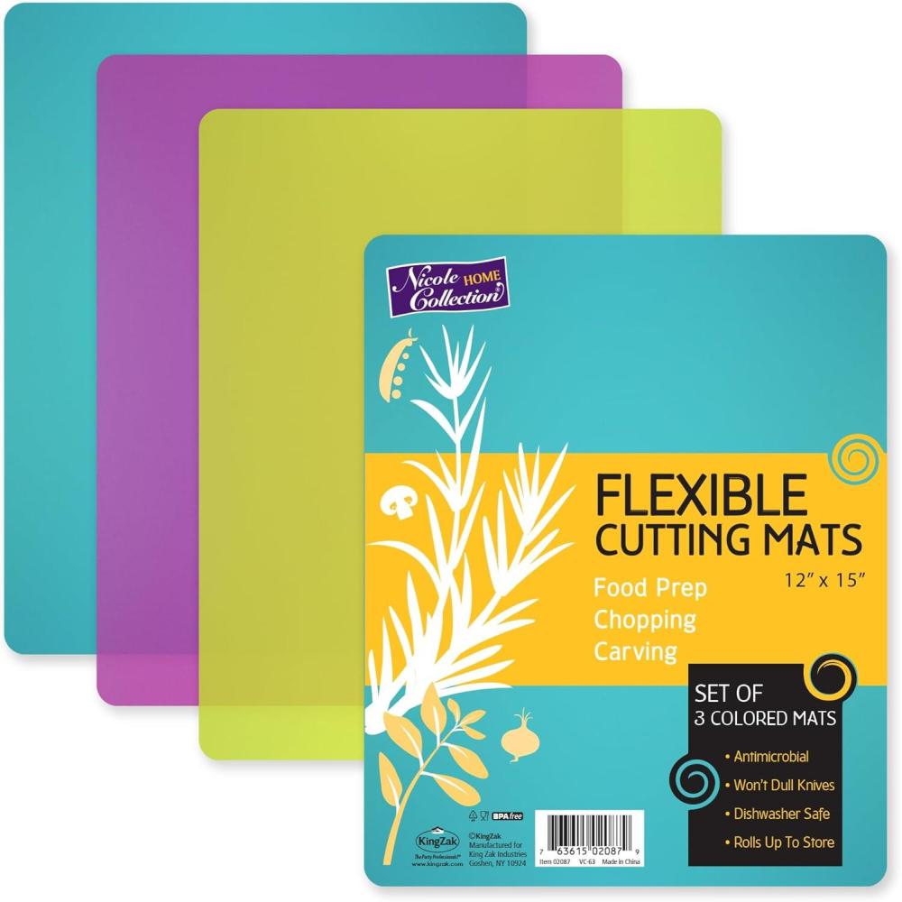 Nicole Home Collection Flexible Cutting Mats Set of 3 – BPA-Free Plastic Color-Coded Kitchen Chopping Boards, 12″x15″, Durable Non-Slip Mats for Meat, Veggies, Fruits(Assorted Colors)
