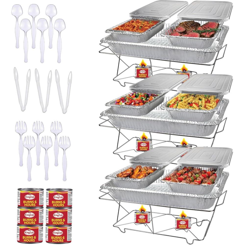 24 Piece Party Serving Kit Includes Chafing Dish Buffet Set and Serving Utensils For All Types Of Parties And Events, 3 complete Disposable Party Sets(39 Pcs Set – 6hr Wick Fuel)