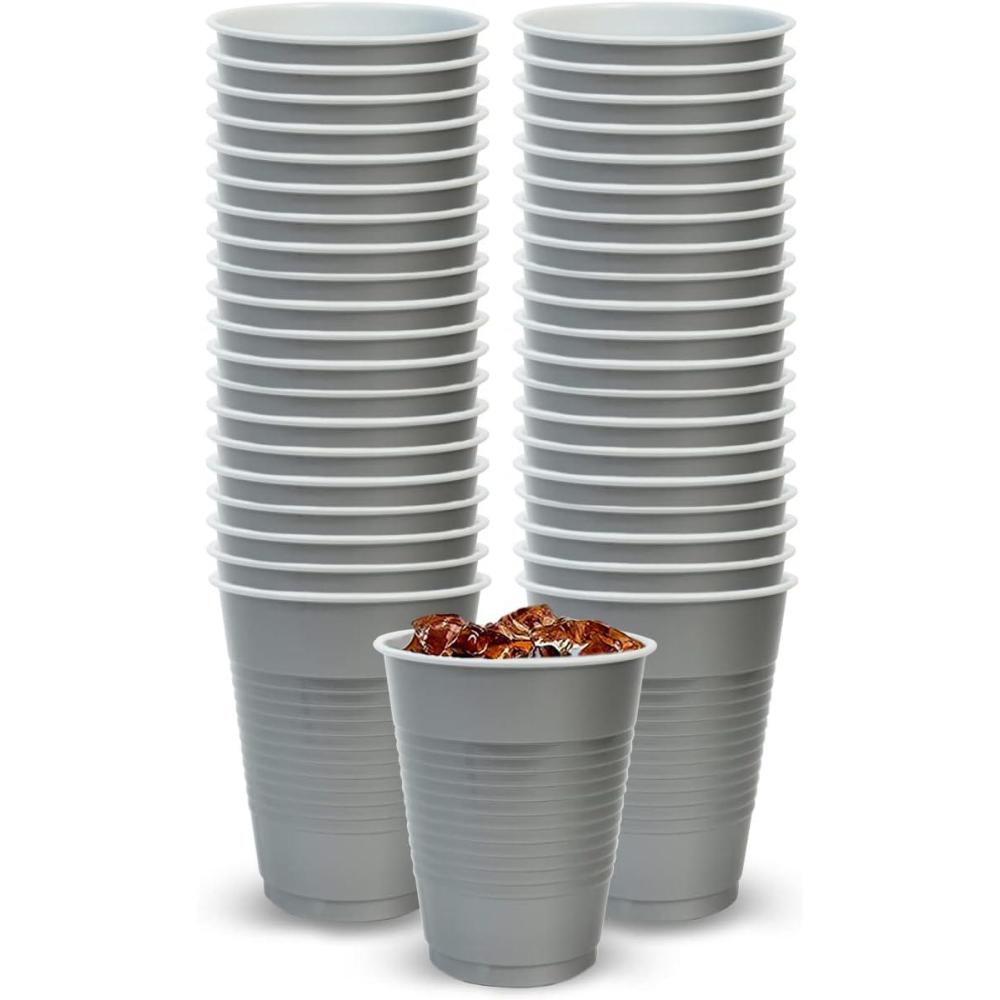 Hanna K. Signature Disposable Plastic Party Cups, Heavy-Duty 18 oz Gold Cups, 50 Count(Silver)