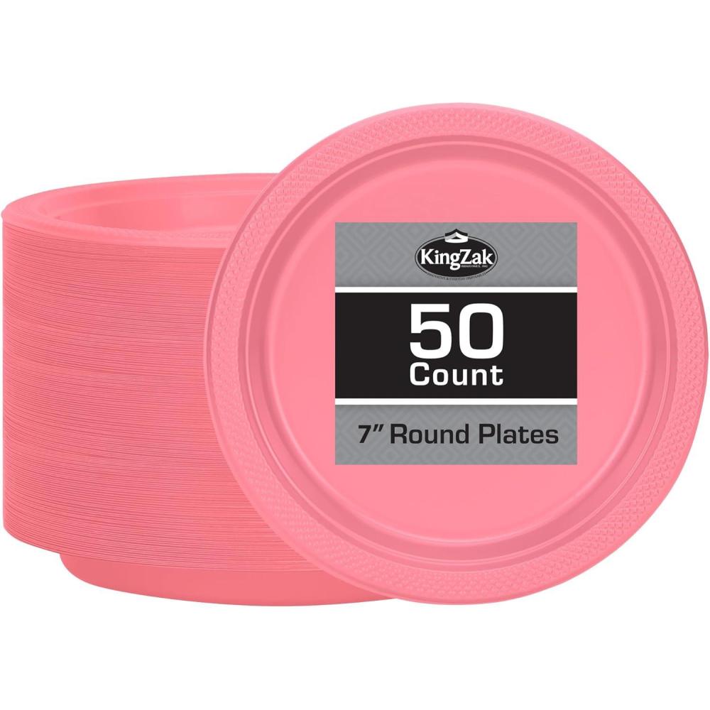 Hanna K. Signature Collection Red Plastic Plates, 9‑Inch Round, 50 Count – Disposable Heavy‑Duty Dinner Party Plates for Weddings, BBQs & Birthdays(Pink)