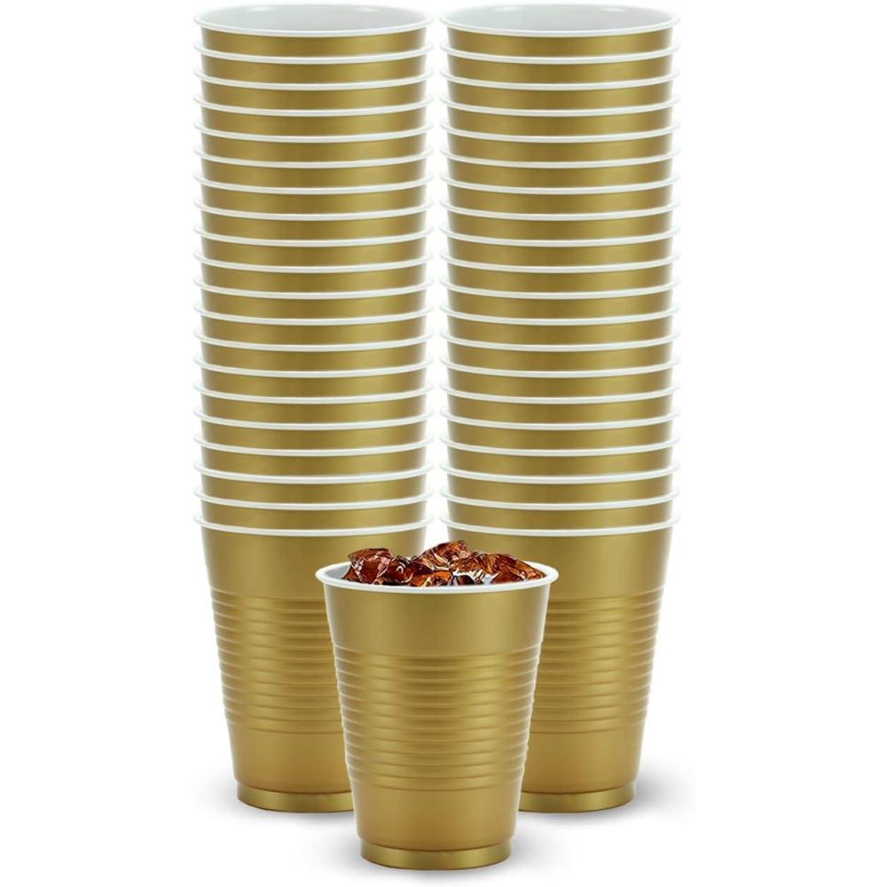 Hanna K. Signature Disposable Plastic Party Cups, Heavy-Duty 18 oz Gold Cups, 50 Count(Gold)