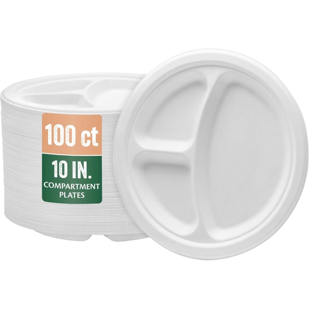 Nicole Home Collection Compostable Heavy Duty 12 oz Disposable Paper Bowls 100% Bagasse Biodegradable Eco-Friendly Natural Sugarcane 50 Count(10″ Compartment Plates)