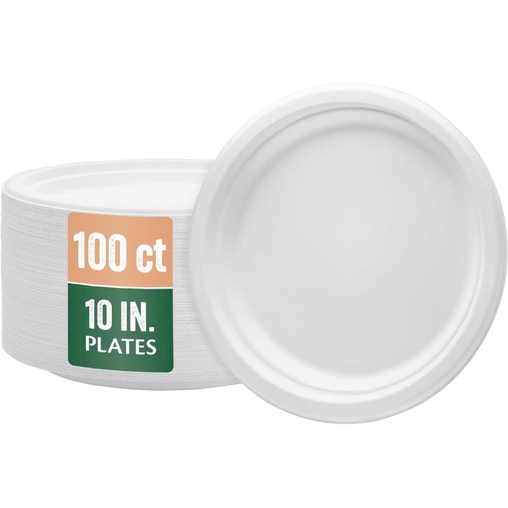 Nicole Home Collection Compostable Heavy Duty 12 oz Disposable Paper Bowls 100% Bagasse Biodegradable Eco-Friendly Natural Sugarcane 50 Count(10″ Plates)