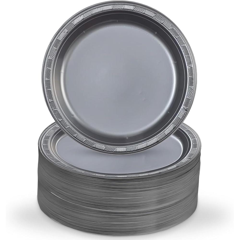 Clear Solid Color Premium Heavy Weight Plastic Dinner Plate (10″) 50 Count – Durable, and Stylish Plastic Bowls Perfect for All Celebrations(Silver)