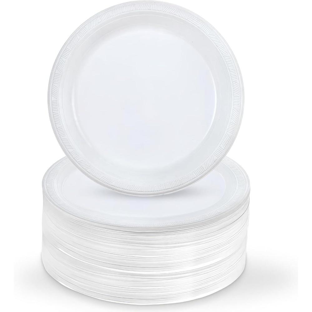 Party Dimensions White Plastic Dinner Plates, 9 inch Round Disposable Party Plates, Microwaveable | 100 Count