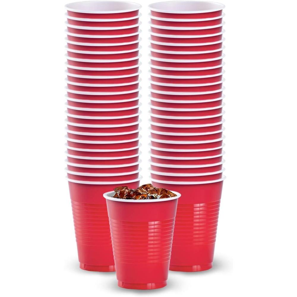 Hanna K. Signature Disposable Plastic Party Cups, Heavy-Duty 18 oz Gold Cups, 50 Count(Red)