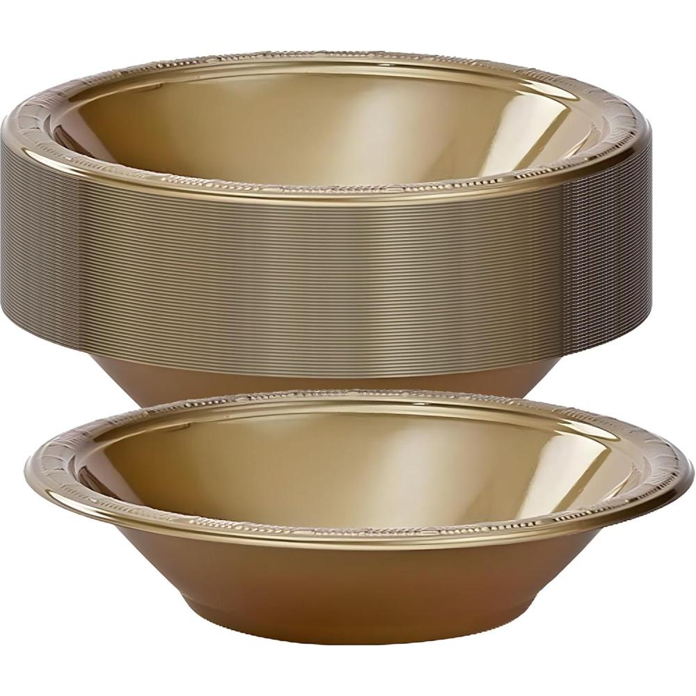 Gold Solid Color Premium Heavy Weight Plastic Soup Bowl (15 Oz.) 50 Count – Elegant & Durable, Perfect for Parties & Events(Gold)
