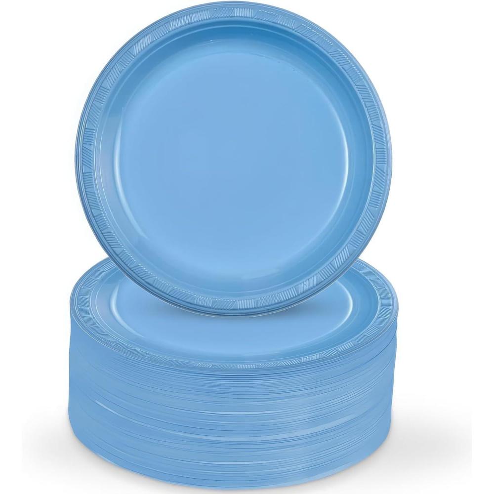 Hanna K. Signature Collection Red Plastic Plates, 9‑Inch Round, 50 Count – Disposable Heavy‑Duty Dinner Party Plates for Weddings, BBQs & Birthdays(Light Blue)