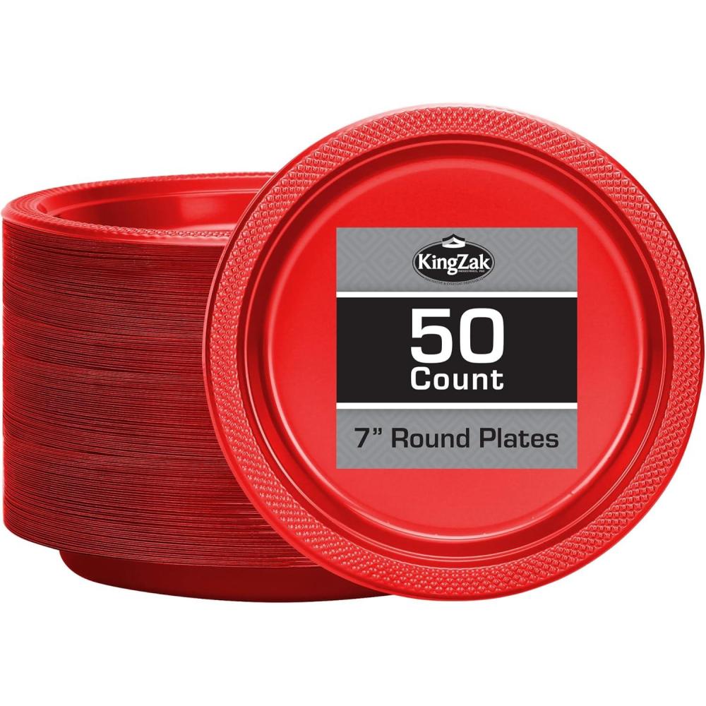 Hanna K. Signature Collection Red Plastic Plates, 9‑Inch Round, 50 Count – Disposable Heavy‑Duty Dinner Party Plates for Weddings, BBQs & Birthdays(Red)
