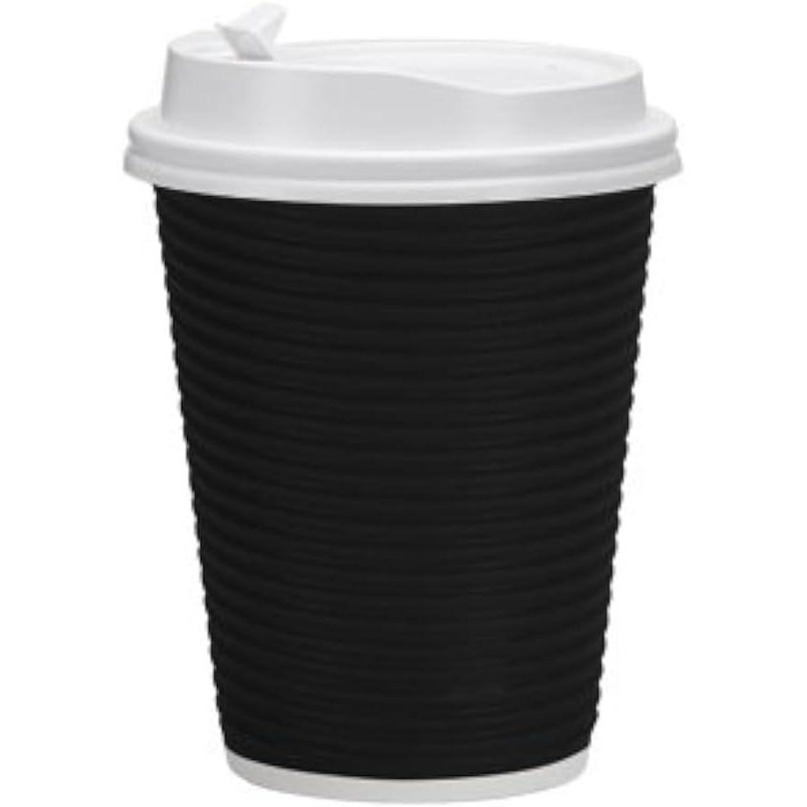 Nicole Home Collection Double-Walled Insulated Ripple Paper Disposable Cups With Lids For Hot Beverage, Pack of 30 Coffee Cup, 12 oz, Tan(Black)