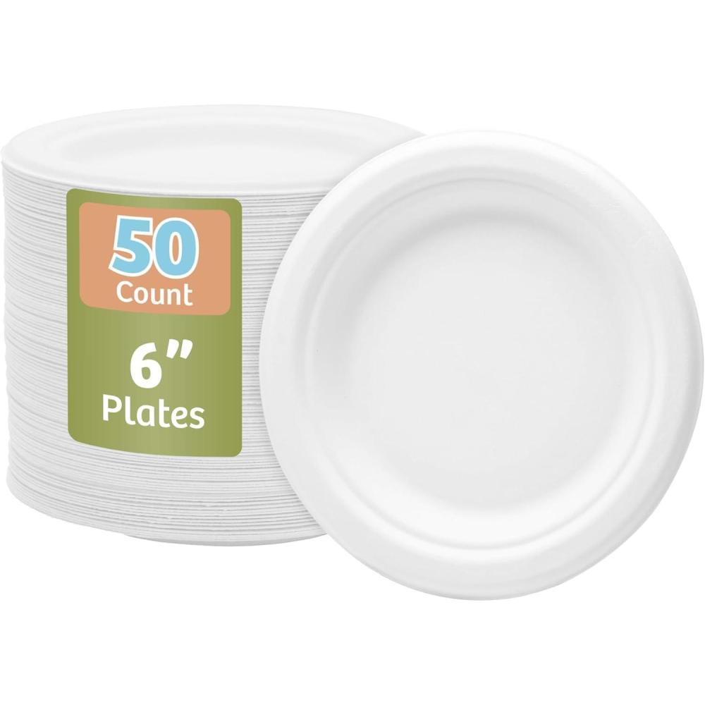 Nicole Home Collection 100% Compostable Heavy Duty 10″ Disposable Paper Plates Bagasse Biodegradable Eco-Friendly Natural Sugarcane 600 Count(6″ Plates)