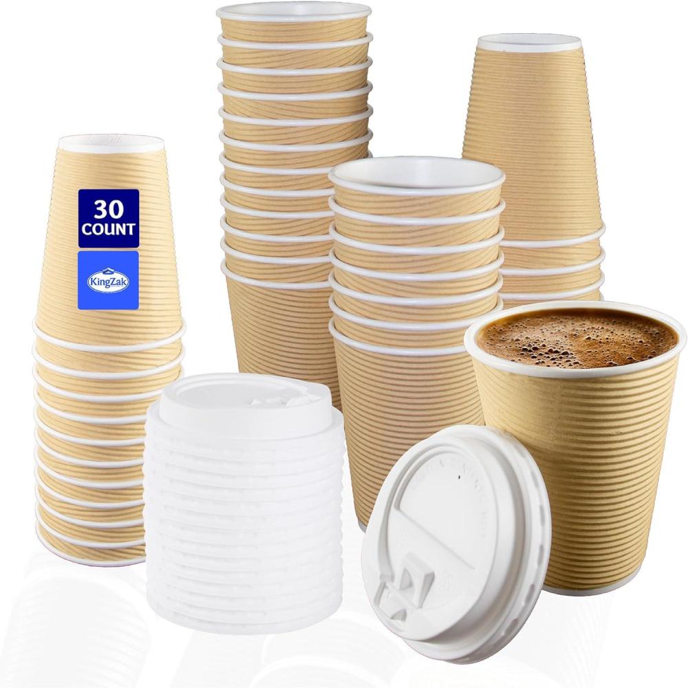 Nicole Home Collection Double-Walled Insulated Ripple Paper Disposable Cups With Lids For Hot Beverage, Pack of 30 Coffee Cup, 12 oz, Tan(Tan)