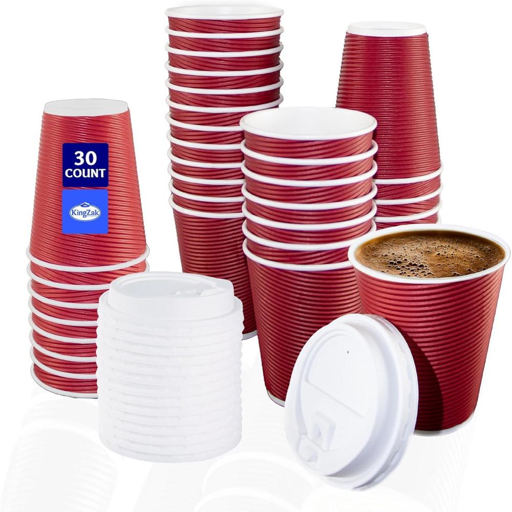 Nicole Home Collection Double-Walled Insulated Ripple Paper Disposable Cups With Lids For Hot Beverage, Pack of 30 Coffee Cup, 12 oz, Tan(Maroon)