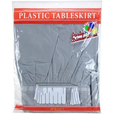 Party Dimensions Plastic Table Skirt, 29-Inches by 14-Feet – White – 1 Pack(Silver)
