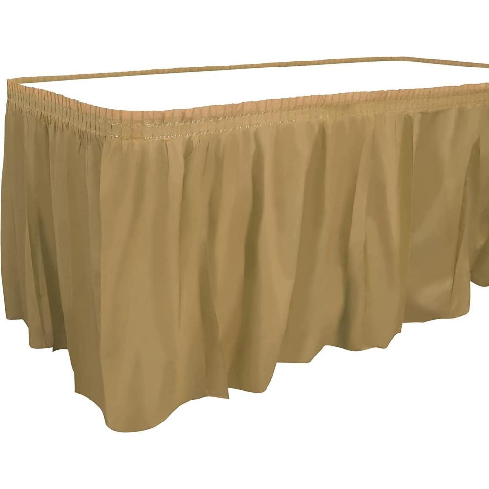 Party Dimensions Plastic Table Skirt, 29-Inches by 14-Feet – White – 1 Pack(Gold)