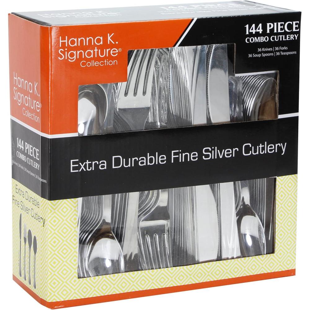Plastic Cutlery Silverware Heavyweight Disposable Flatware, Plastic Cutlery Like Silver Combo Pack 144 pieces – 36 of each Fork, Knife, Teaspoon, Soup spoon
