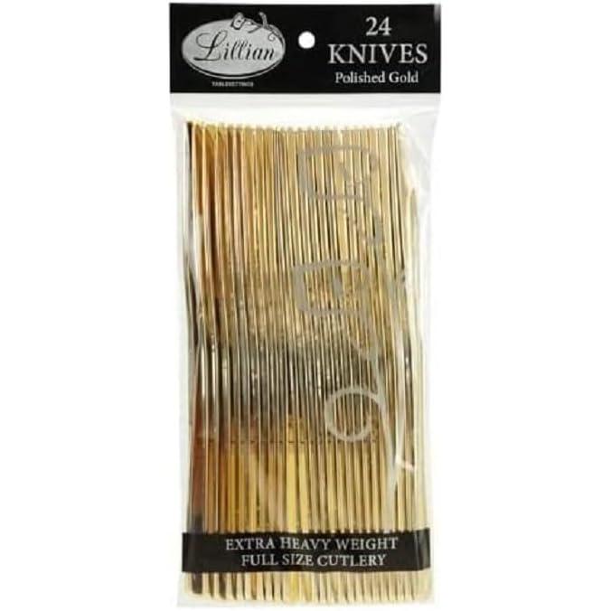 Lillian Tablesettings Plastic Cutlery Silverware Extra Heavyweight Disposable Flatware, Full Size Plastic Knifes Like Gold 24 Pack