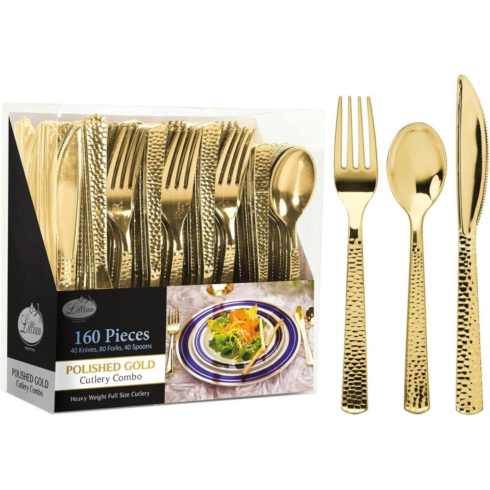 Plastic Cutlery Silverware Extra Heavyweight Disposable Flatware, Full Size Cutlery Combo, Gold Pebbled, 80 Forks, 40 Spoons, 40 Knifes, Value Pack 160 Count(Pebbled Gold)