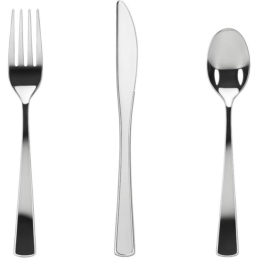 Plastic Cutlery Silverware Extra Heavyweight Disposable Flatware, Full Size Cutlery Combo, 32 Forks, 32 Knifes, 32 Spoons, Value Pack 96 Count(Silver)