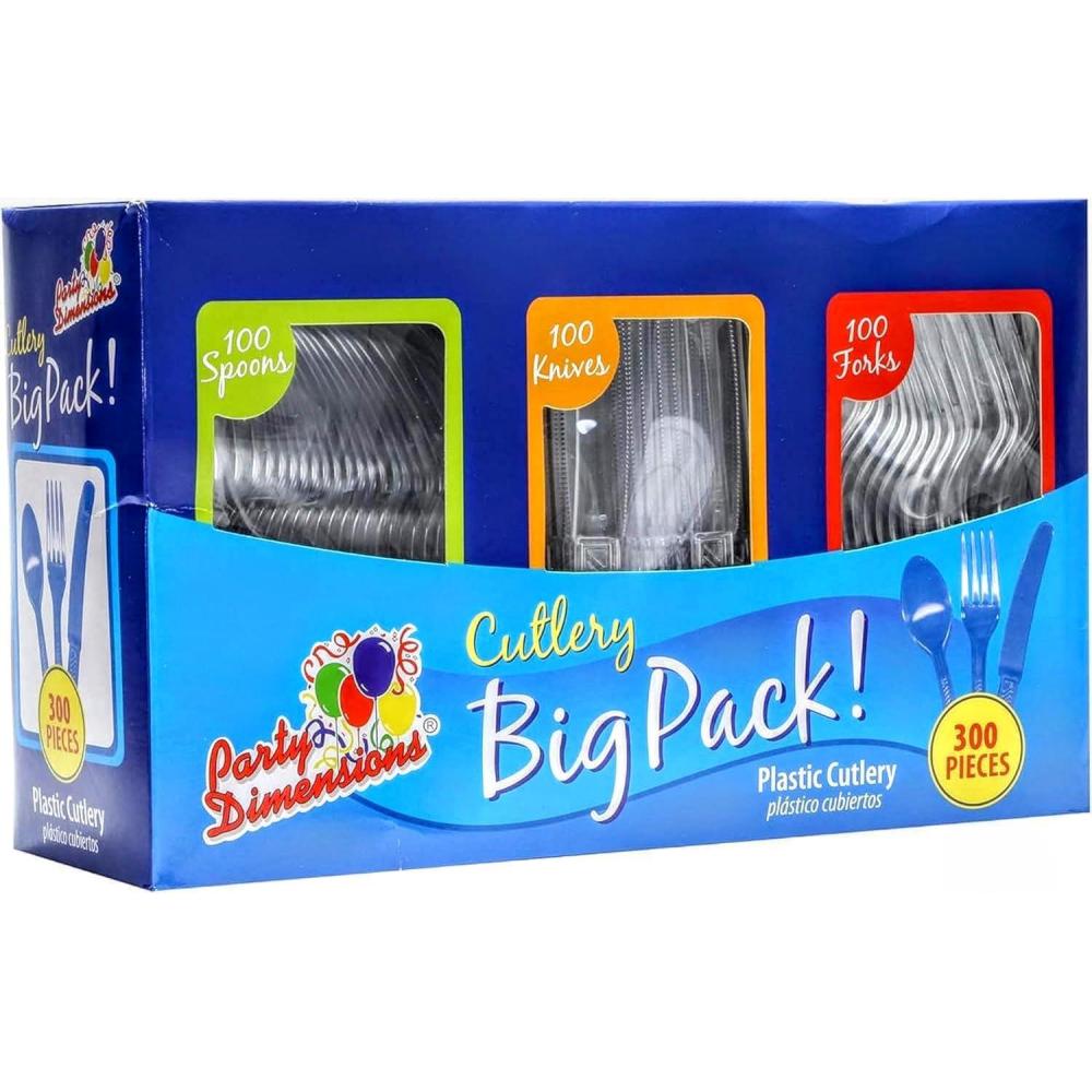 Party Dimensions 300 Count Plastic Cutlery Combo Box, Disposable Clear Plastic Silverware Utensils Set, 100 Forks, 100 spoons, 100 knives(300 Count (Pack of 1))