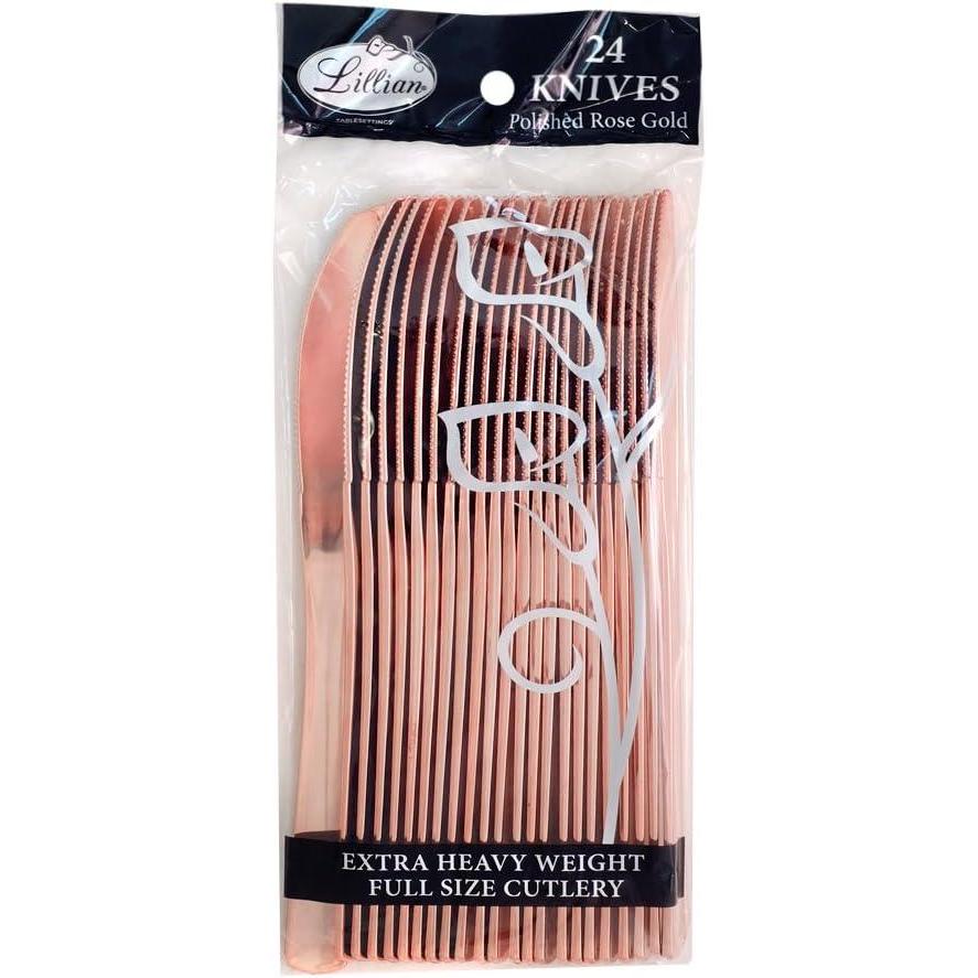 Plastic Cutlery Silverware Extra Heavyweight Disposable Flatware, Full Size Plastic Forks, Like Rose Gold, 24 Pack(Knives)