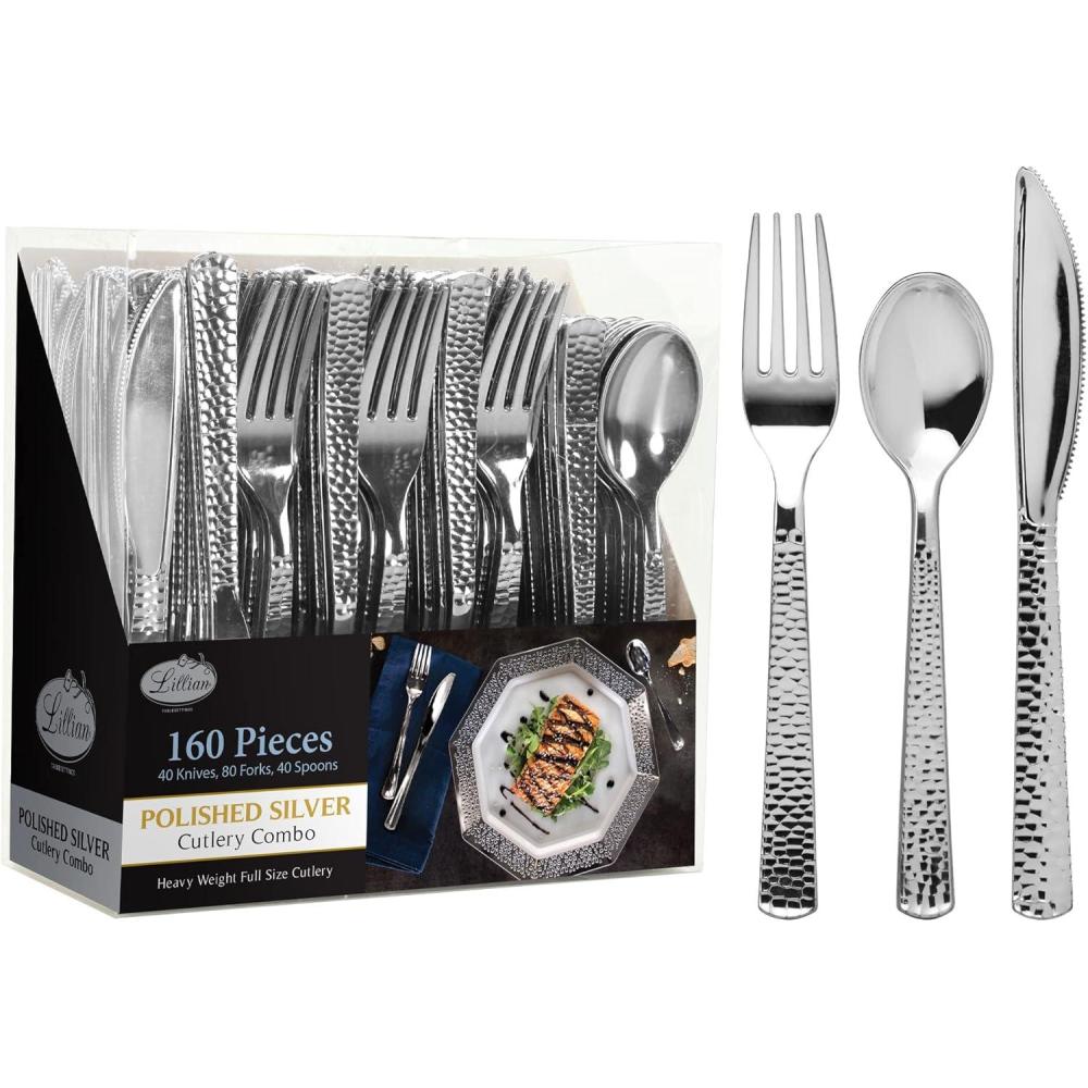 Plastic Cutlery Silverware Extra Heavyweight Disposable Flatware, Full Size Cutlery Combo, Gold Pebbled, 80 Forks, 40 Spoons, 40 Knifes, Value Pack 160 Count(Pebbled Silver)