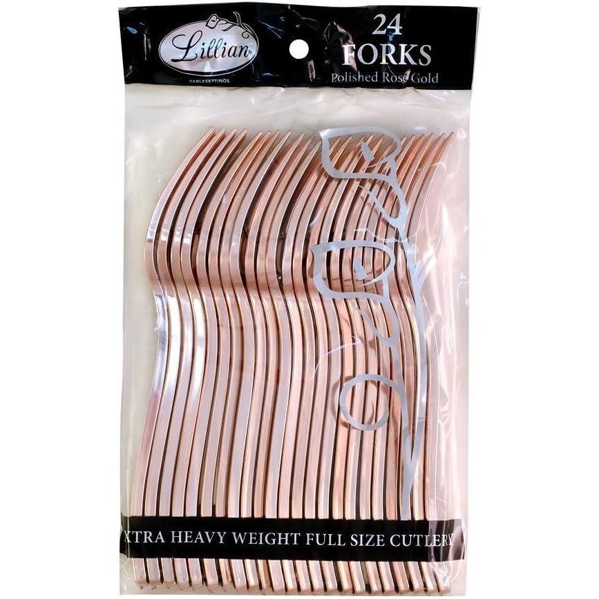 Plastic Cutlery Silverware Extra Heavyweight Disposable Flatware, Full Size Plastic Forks, Like Rose Gold, 24 Pack(Forks)