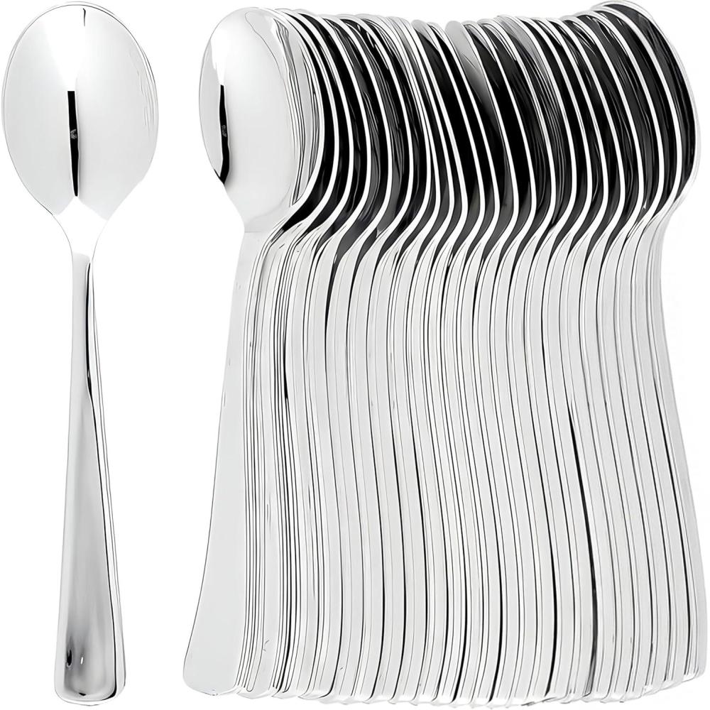 Plastic Cutlery Silverware Extra Heavyweight Disposable Flatware, Full Size Plastic Spoons Like Silver 24 Pack(24 Count (Pack of 1))