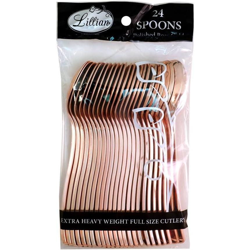 Plastic Cutlery Silverware Extra Heavyweight Disposable Flatware, Full Size Plastic Forks, Like Rose Gold, 24 Pack(Spoons)