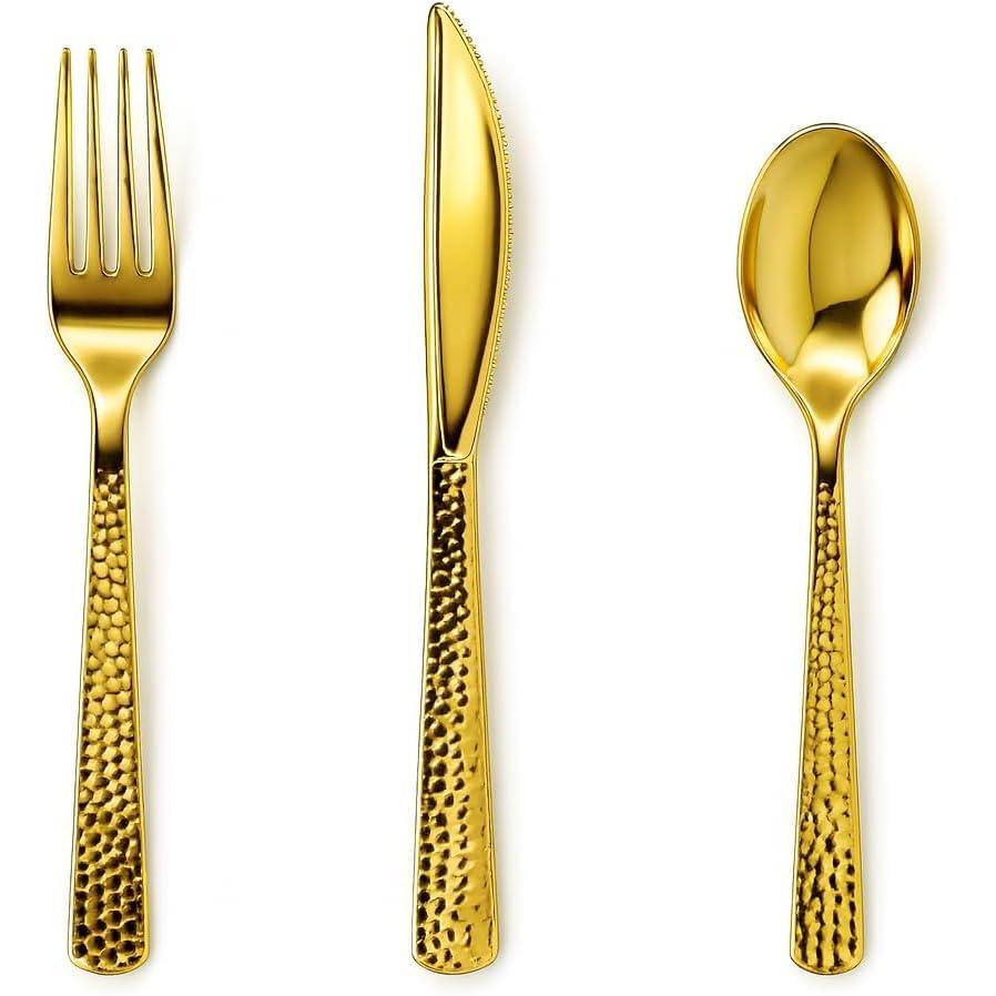 Plastic Cutlery Silverware Extra Heavyweight Disposable Flatware, Full Size Cutlery Combo, 32 Forks, 32 Knifes, 32 Spoons, Value Pack 96 Count(Pebbled Gold)