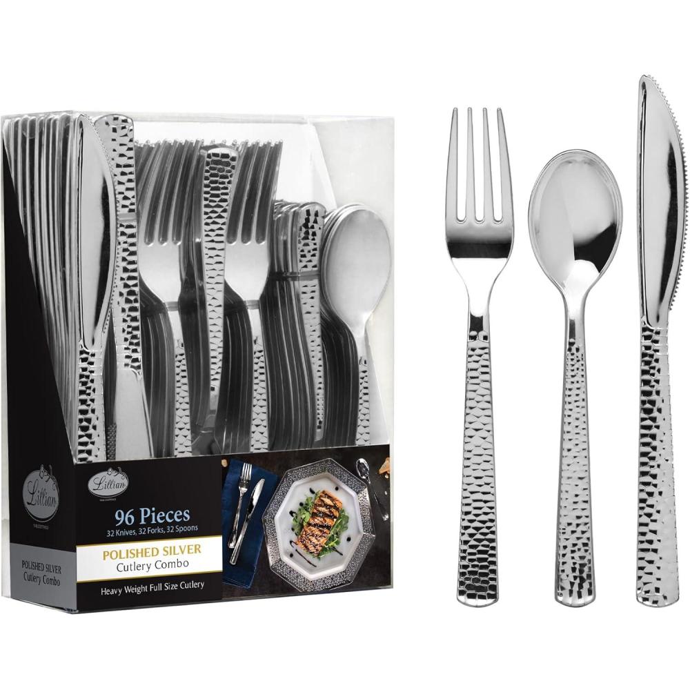 Plastic Cutlery Silverware Extra Heavyweight Disposable Flatware, Full Size Cutlery Combo, 32 Forks, 32 Knifes, 32 Spoons, Value Pack 96 Count(Pebbled Silver)