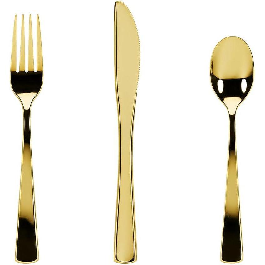 Plastic Cutlery Silverware Extra Heavyweight Disposable Flatware, Full Size Cutlery Combo, 32 Forks, 32 Knifes, 32 Spoons, Value Pack 96 Count(Gold)