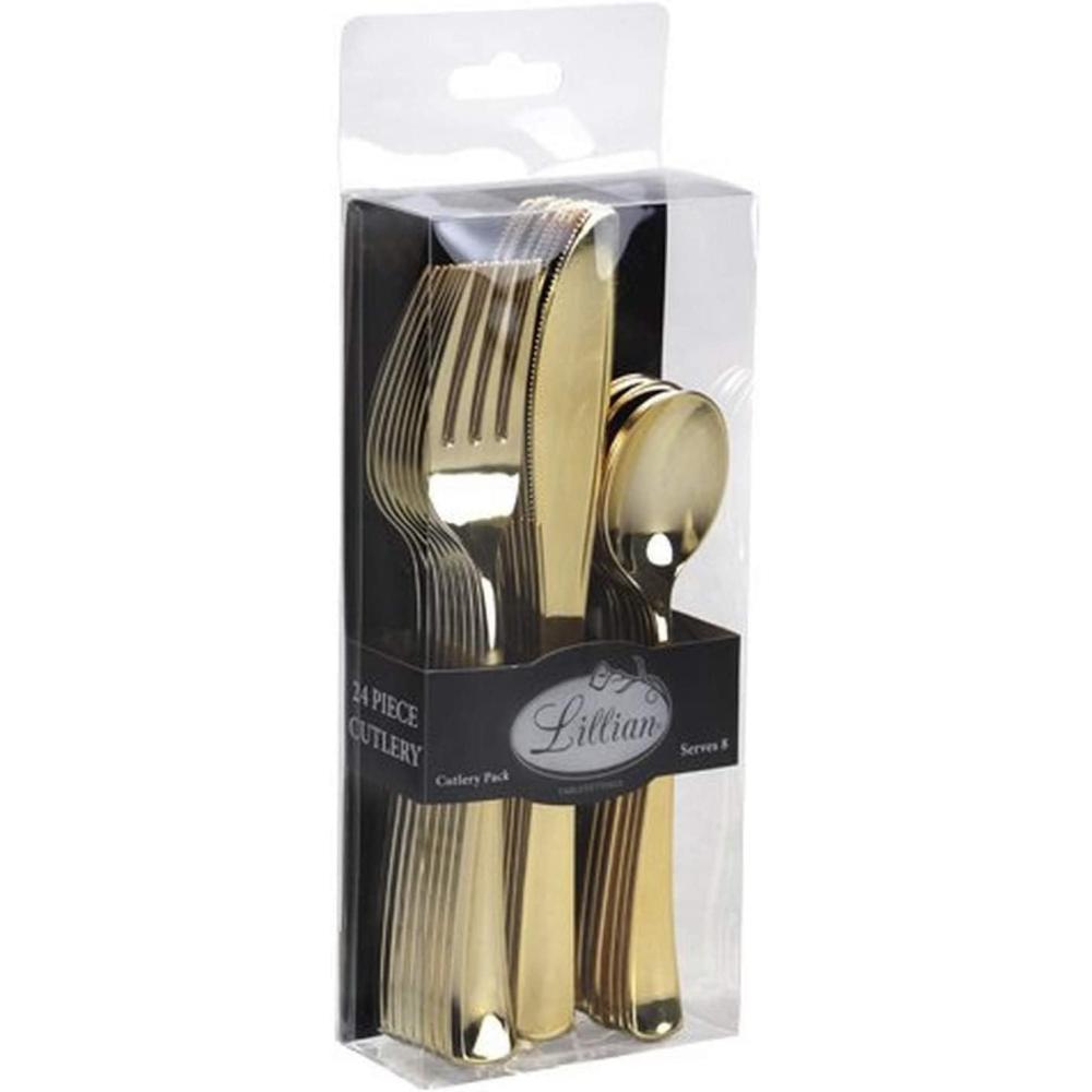 Lillian Tablesettings Combo Box | Polished Gold | Pack of 24 Plastic Cutlery(Gold)