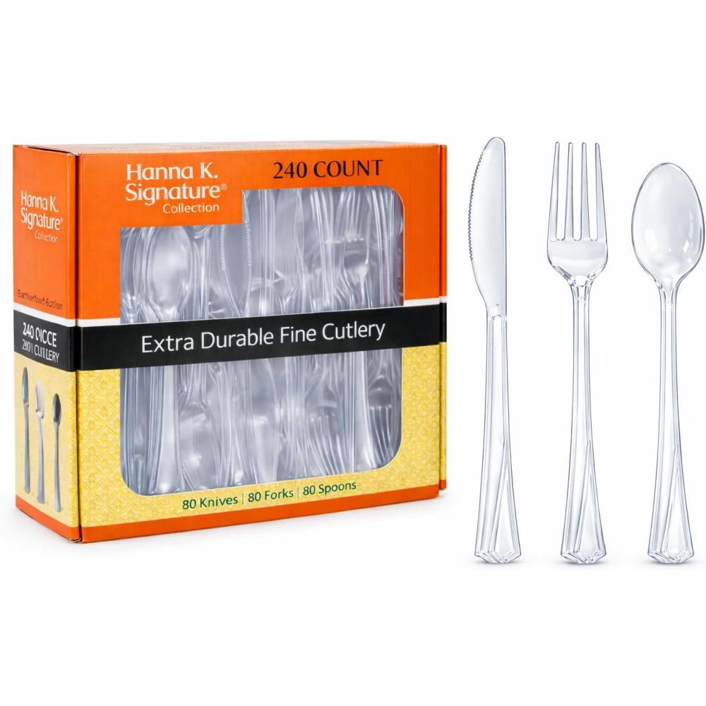 Hanna K. Signature 240 Count Clear Plastic Silverware Set, Heavyweight Elegant Disposable Cutlery Combo, 80 Forks, 80 Spoons, 80 Knives(Clear)