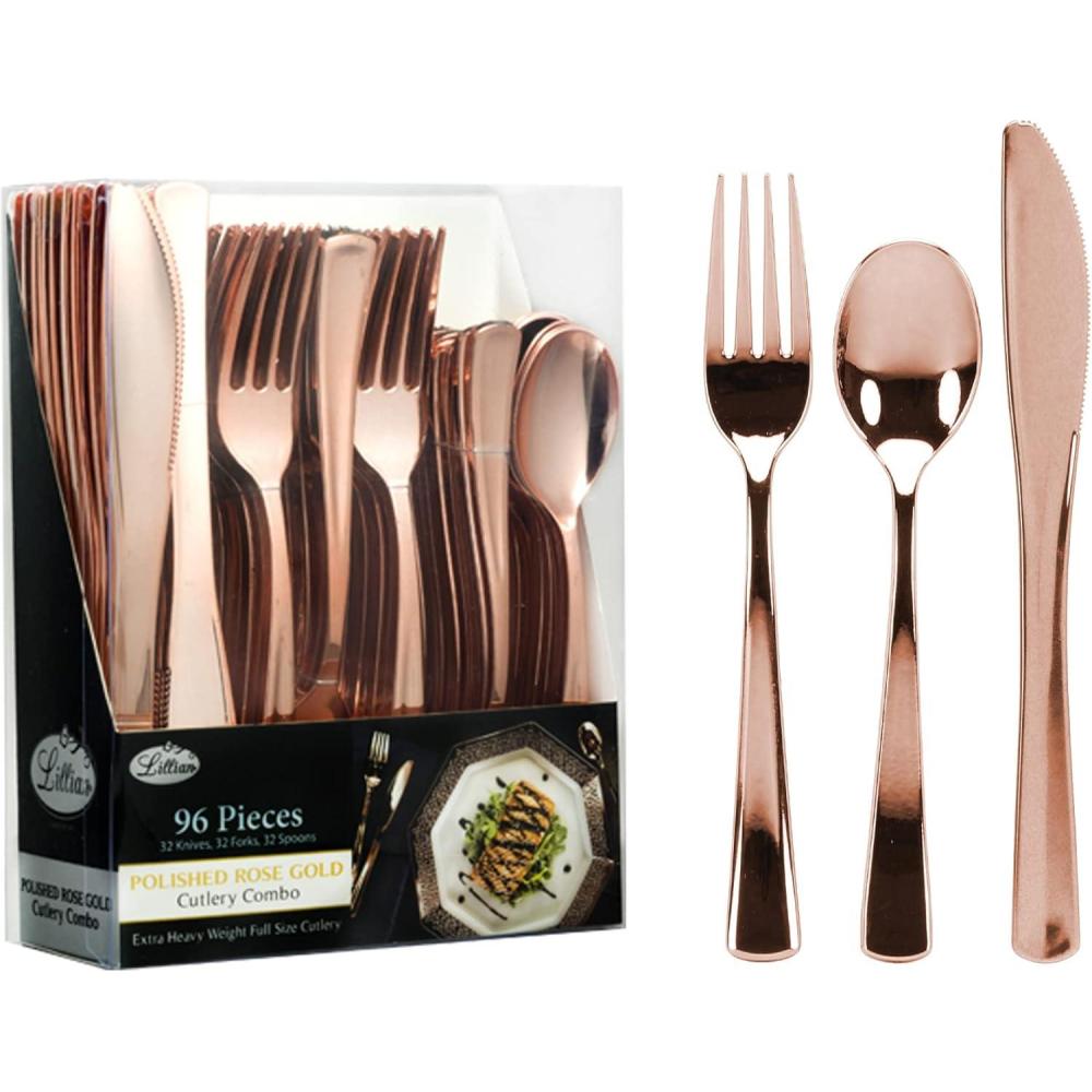 Plastic Cutlery Silverware Extra Heavyweight Disposable Flatware, Full Size Cutlery Combo, 32 Forks, 32 Knifes, 32 Spoons, Value Pack 96 Count(Rose Gold)