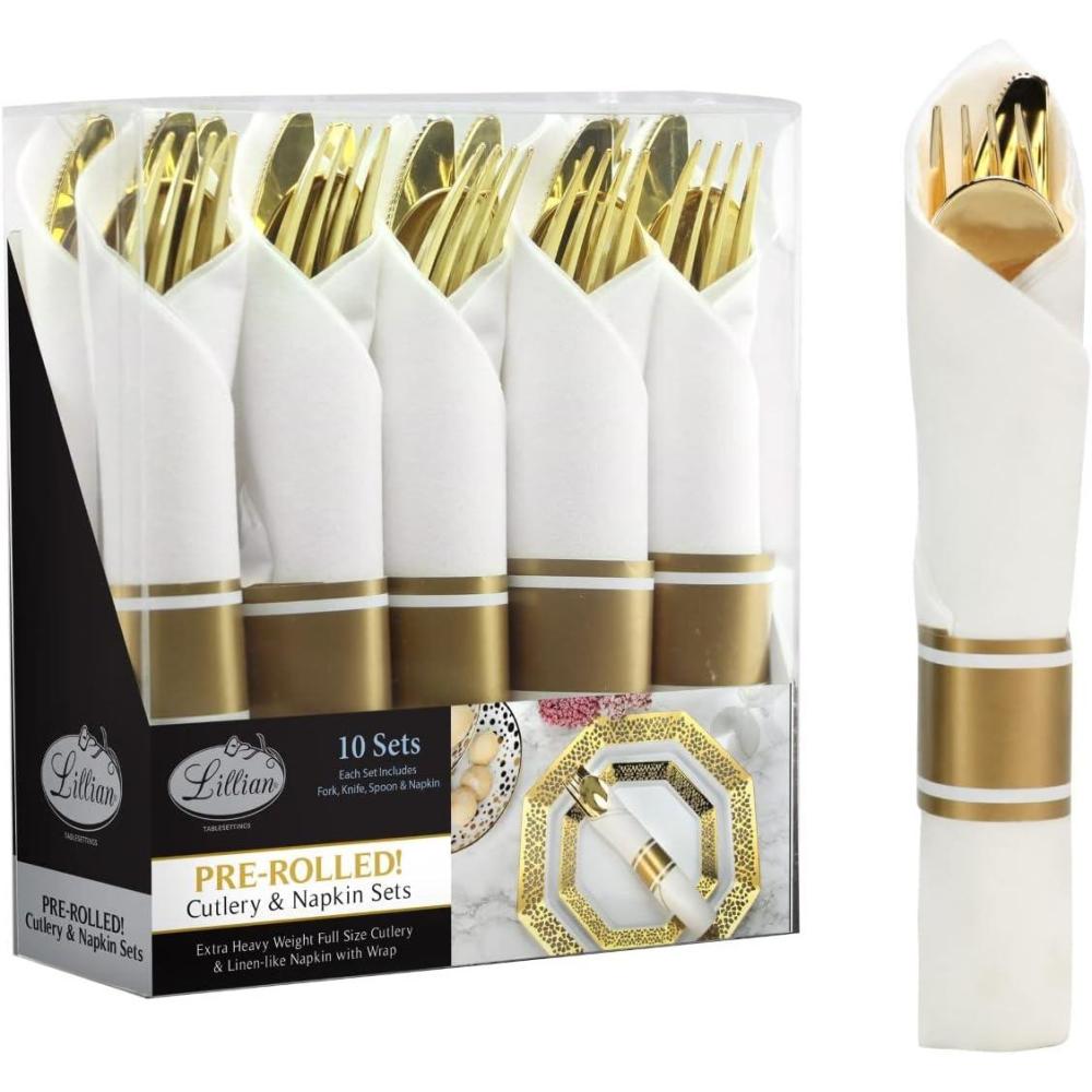 40 Pieces Pre Rolled Cutlery And Napkins Set with Heavy Duty Full Size Polished Gold Cutlery, 10 Forks, 10 Knives, 10 Spoons, In Rolled Napkins, for Weddings, Parties And Events(Gold)