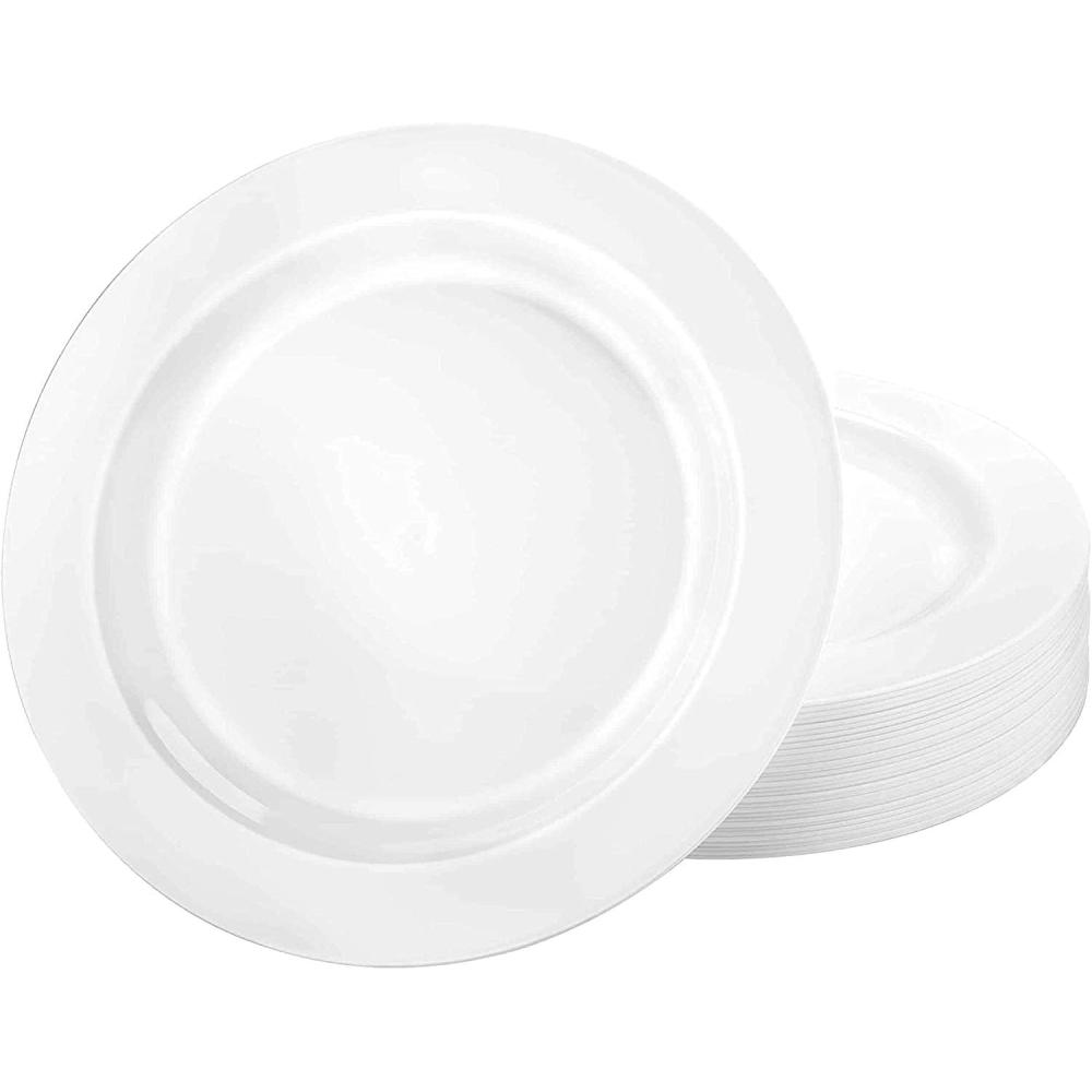 Lillian Tablesettings 30 Count Premium Quality Heavyweight 10.25 inch Plastic Plates China Like Wedding and Party Dinnerware, Plastic Dinner Plates, Crystal Clear, 30 Count(White Pearl)