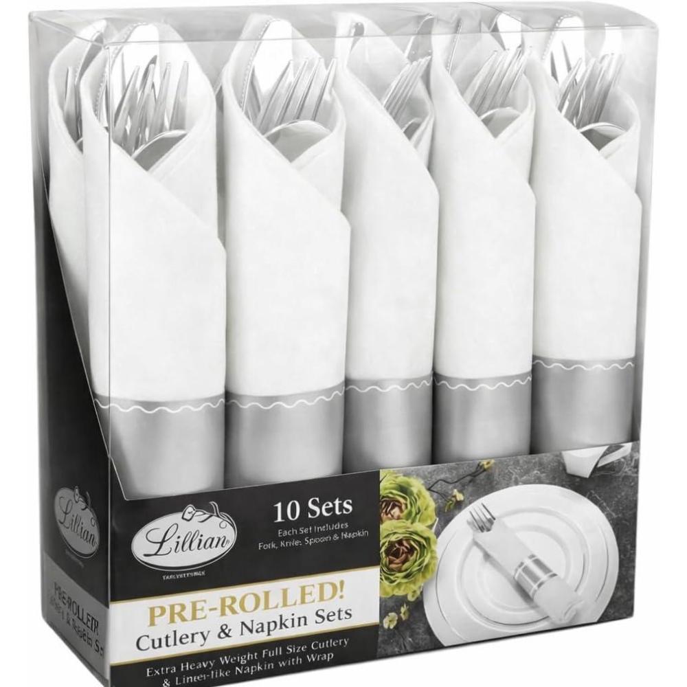 40 Pieces Pre Rolled Cutlery And Napkins Set with Heavy Duty Full Size Polished Gold Cutlery, 10 Forks, 10 Knives, 10 Spoons, In Rolled Napkins, for Weddings, Parties And Events(Silver)