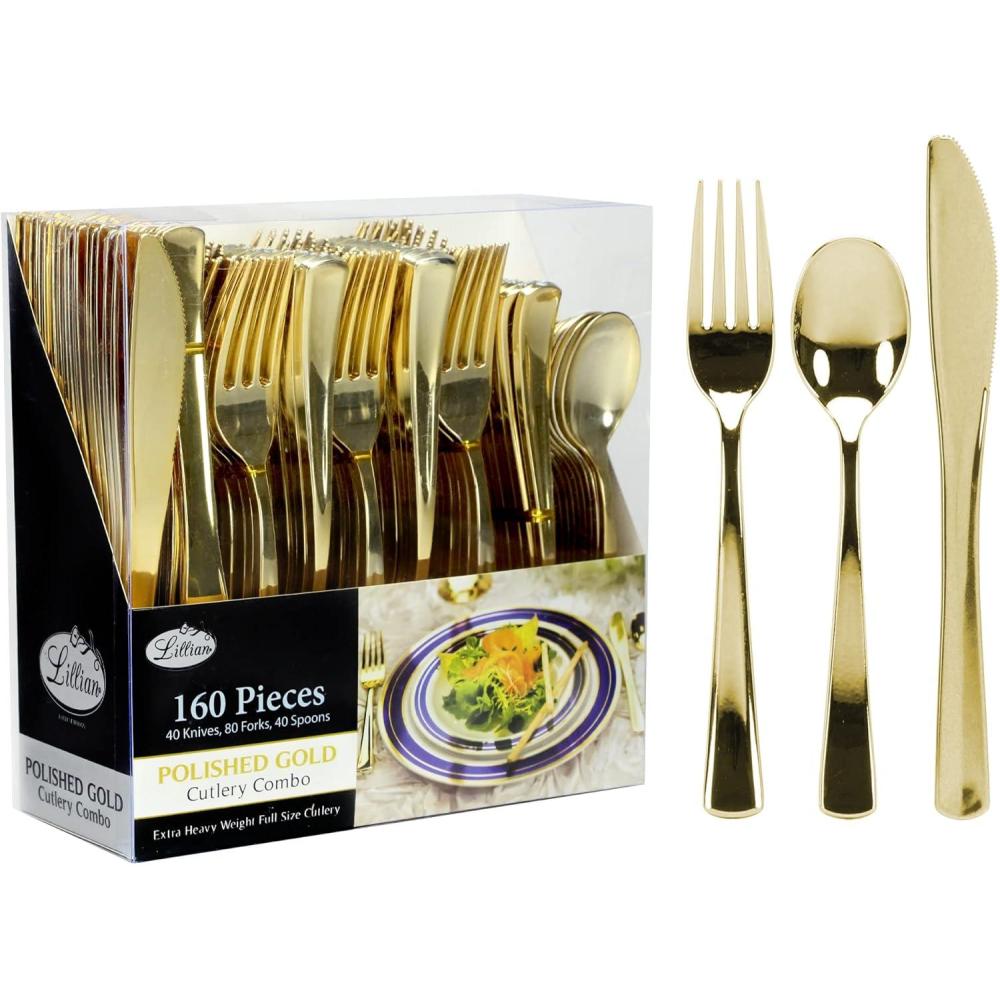 Plastic Cutlery Silverware Extra Heavyweight Disposable Flatware, Full Size Cutlery Combo, Gold Pebbled, 80 Forks, 40 Spoons, 40 Knifes, Value Pack 160 Count(Gold)