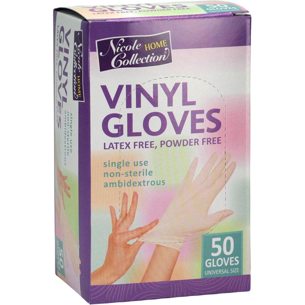 Nicole Home Collection Vinyl Gloves | Universal Size | Latex Free | Powder Free(50 Gloves – Universal Size – Clear)
