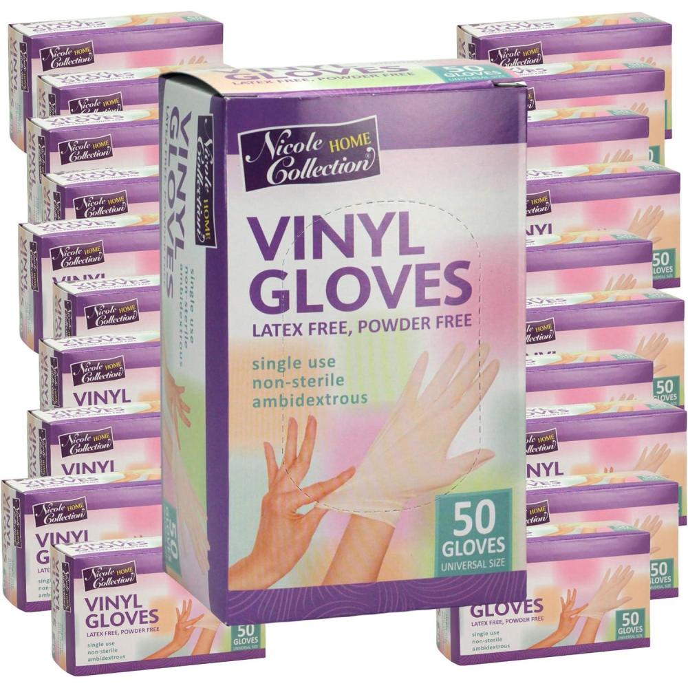 Nicole Home Collection Vinyl Gloves | Universal Size | Latex Free | Powder Free(1000 Gloves – Universal Size – Clear)